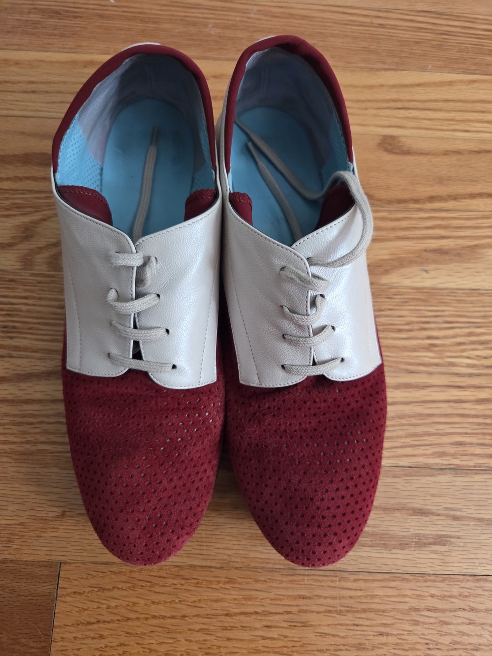 Thierry Rabotin Burgundy and Cream Two-Tone Lace-Up Oxfords